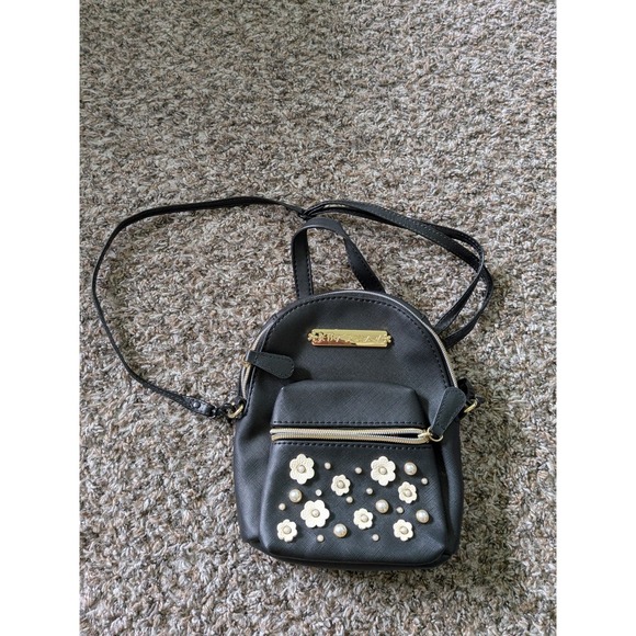 Betsey Johnson Handbags - Betsey Johnson Floral Mini Backpack Crossbody Bag Black PVC Faux Leather 8" x 7"